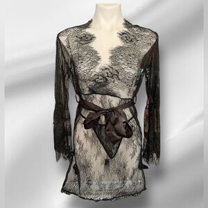 NWT Long Sleeve Dress Robe Thong Set Black Embroidered Tulle Lace Ribbon Belt M